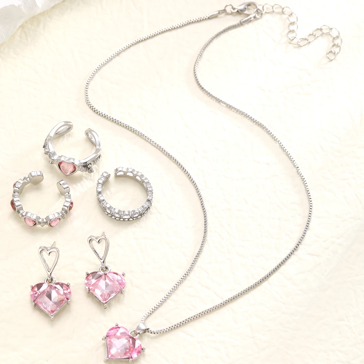 New Pink Crystal Heart Jewelry Set for Women Simple Y2K Zircon Love Elegant Pendant Necklaces Ring Drop Earring Girls Gifts 2024