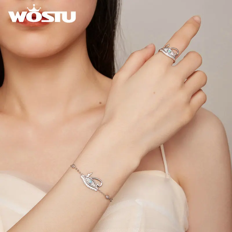 WOSTU 925 Perak Murni Mesir Mata Horus Band Cincin Wanita Api Batu Opal Putih Zircon Penjaga Cincin Pesta Ulang Tahun Perhiasan