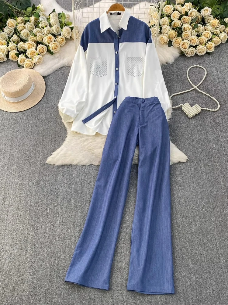 Two Piece Set New Women Chic Loose Dopamine Color Block Stripe Knit Crew Neck Top With Wide Leg Pants Elegant Stylish Outfit