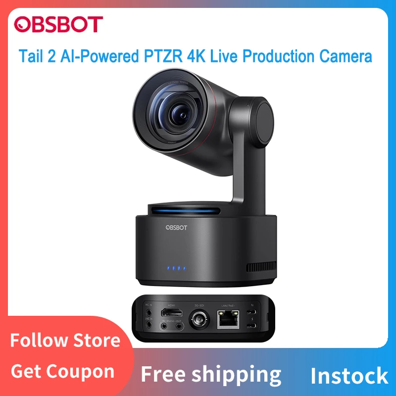 

Камера OBSBOT Tail 2 PTZR NDI для прямого производства 4K при 60 кадрах в секунду, слежение Pro AI, 1/1,5-дюймовый CMOS, 50 МП, 5-кратный оптический зум, 12-кратный гибридный зум