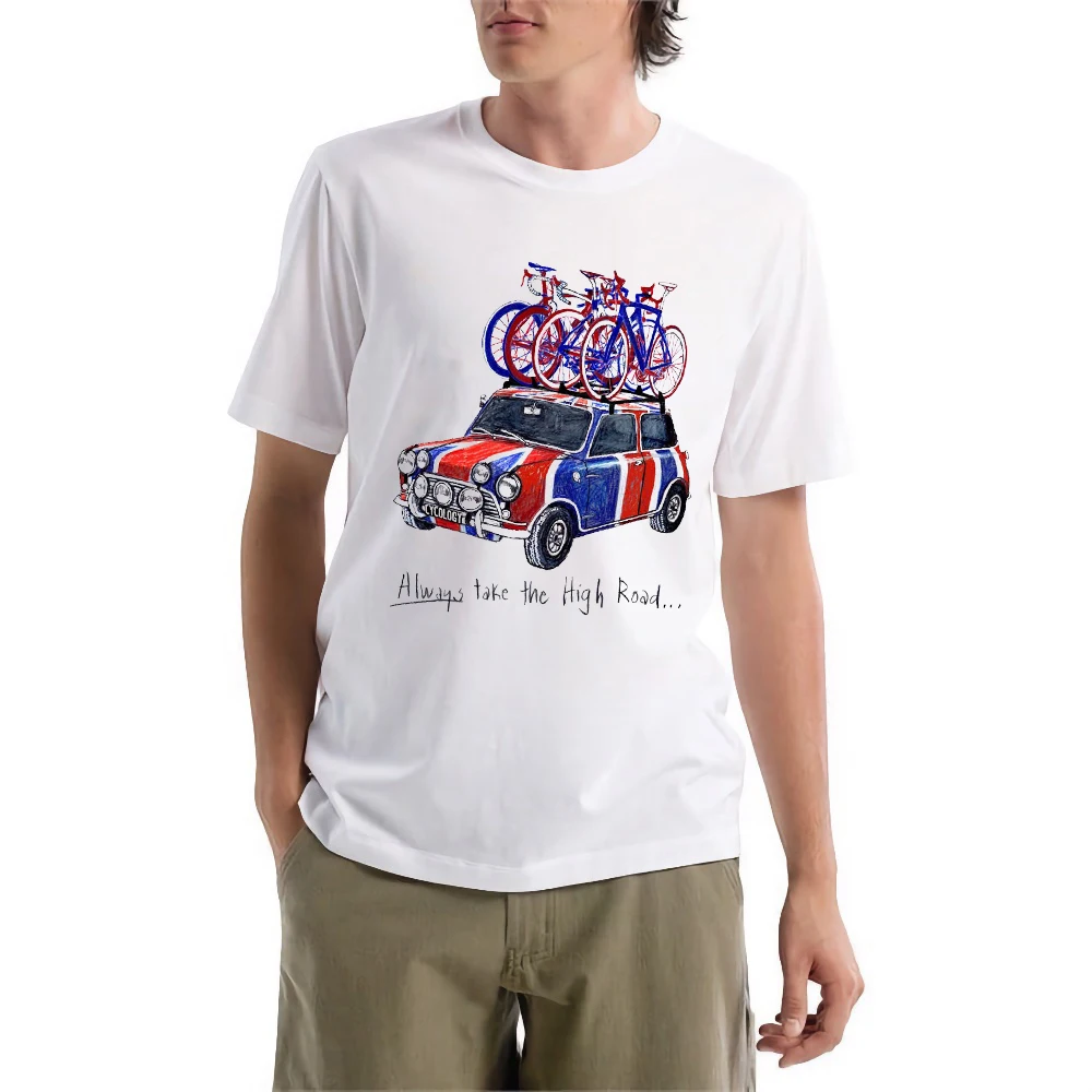 

FPACE Always Take The High Road Men T-Shirt Bicycles On Vintage Car Printed T shirt Men's Clothing Women Oversized t-shirt