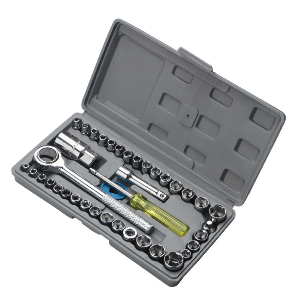 40 Pcs/set Durable Socket Wrench Set 1/4 and 3/8 Inch Tool With Case Drive Hex Socket Mechanics Kit Chrome Vanadium Steel