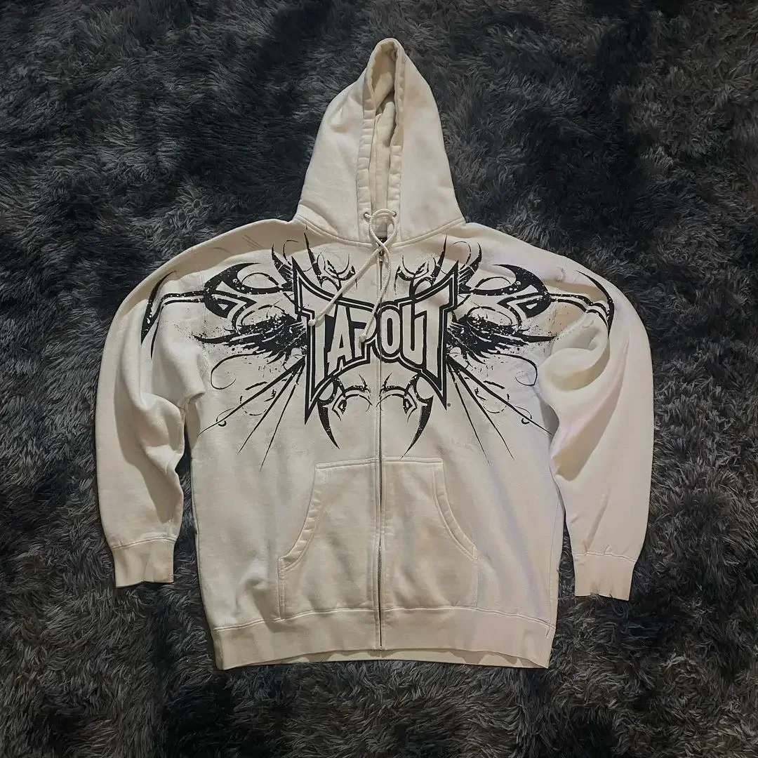 European and American Y2k hip-hop goth tapout trendy printed zipper hoodie retro loose long-sleeved streetwear for men and women