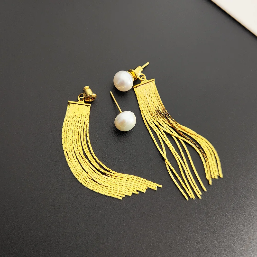 

18K Fashion Statement Long Tassel Thread Link Drop Earrings for Women Vintage Pearl Hanging Dangle Earring Wedding Jewelry Gifts