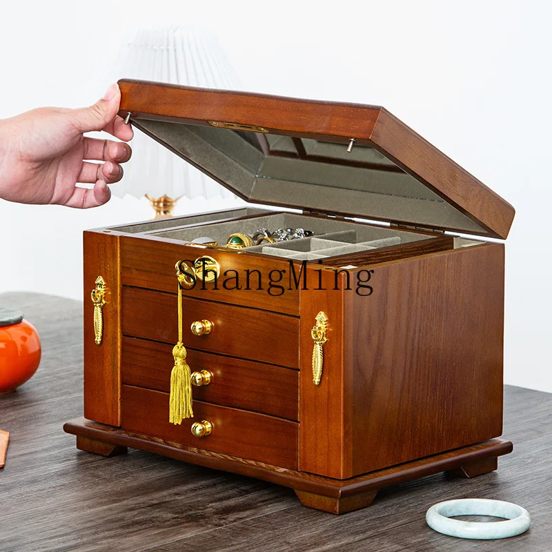 FG wood with lid jewelry box with lock storage box wooden multi-layer large-capacity three-layer earring storage box