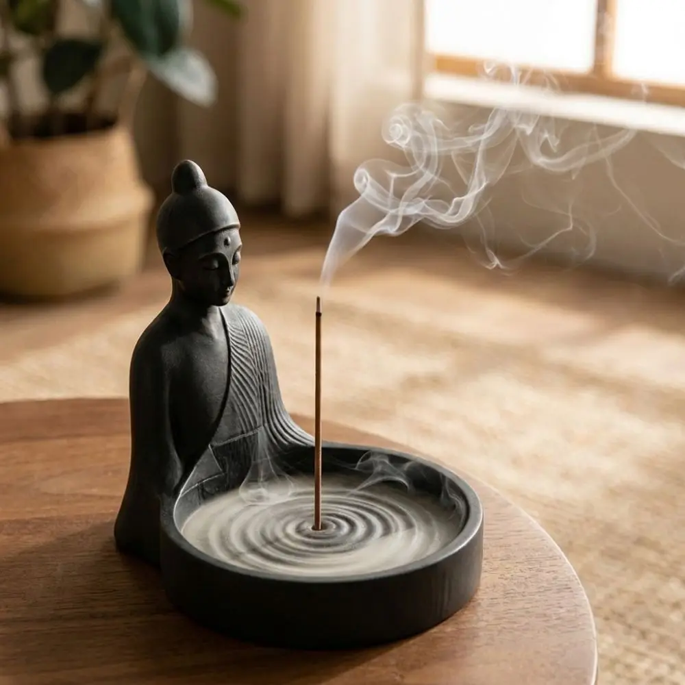 Zen Style Chinese Incense Stick Holder with Ash‑Catching Simulated Incense Burner Meditating Monk Minimalist