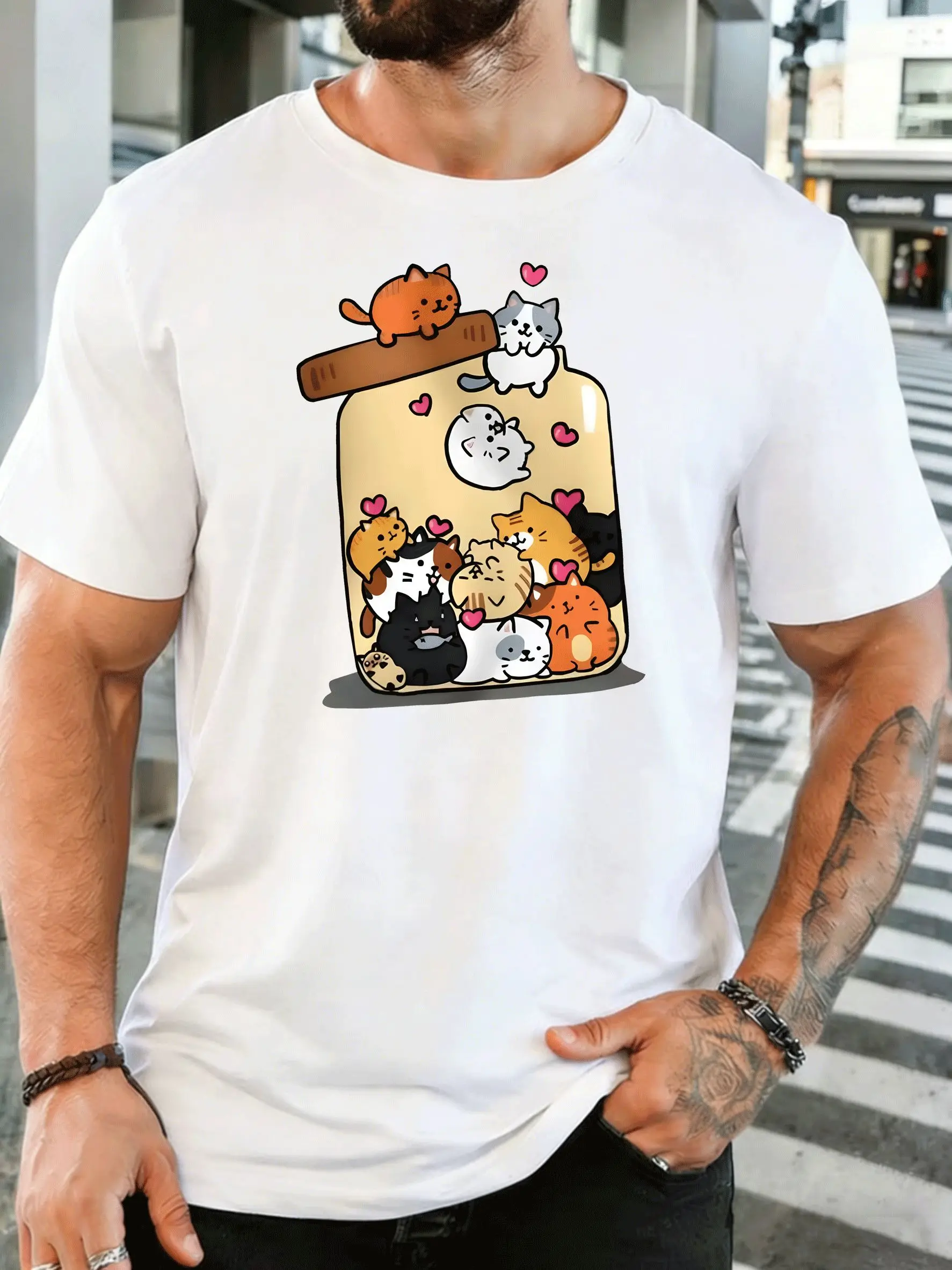 Cute Kittens In Glass Jar Mens Front Print T Shirt Lovely Cat Heart Cartoon Graphic Tee Casual Short Sleeve Top Cat Lover Gift