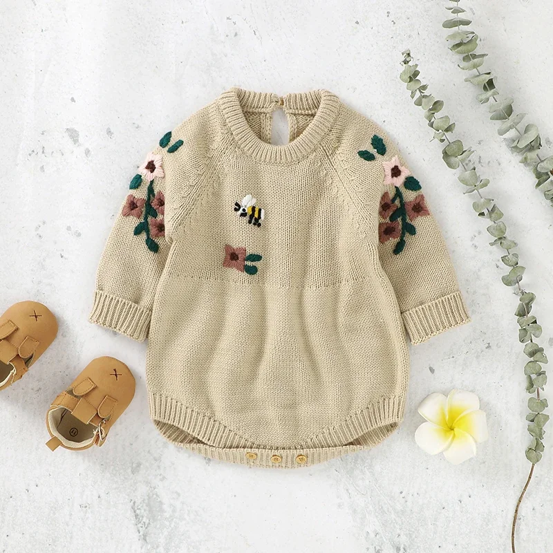 

Baby Bodysuit Solid Knitted Newborn Girl Jumpsuit Boy Overalls Long Sleeve 0-18M Child Infant Clothes Fashion Cartoon Embroidery