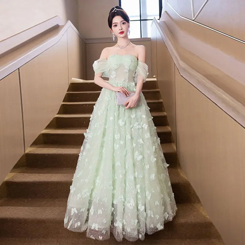 

One-oulder Evening Gown een Fairy T Princ Dr Student Dance Performance Korean Sle Long Skirt without Sve