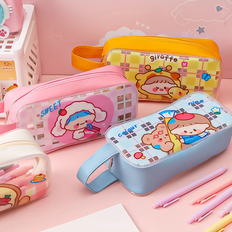 Cute Sweetheart PVC Handheld Pen Case Storage Stationery Bag Simple Pencil Box Transparent Large Capacity Pencil Case Kids Gift