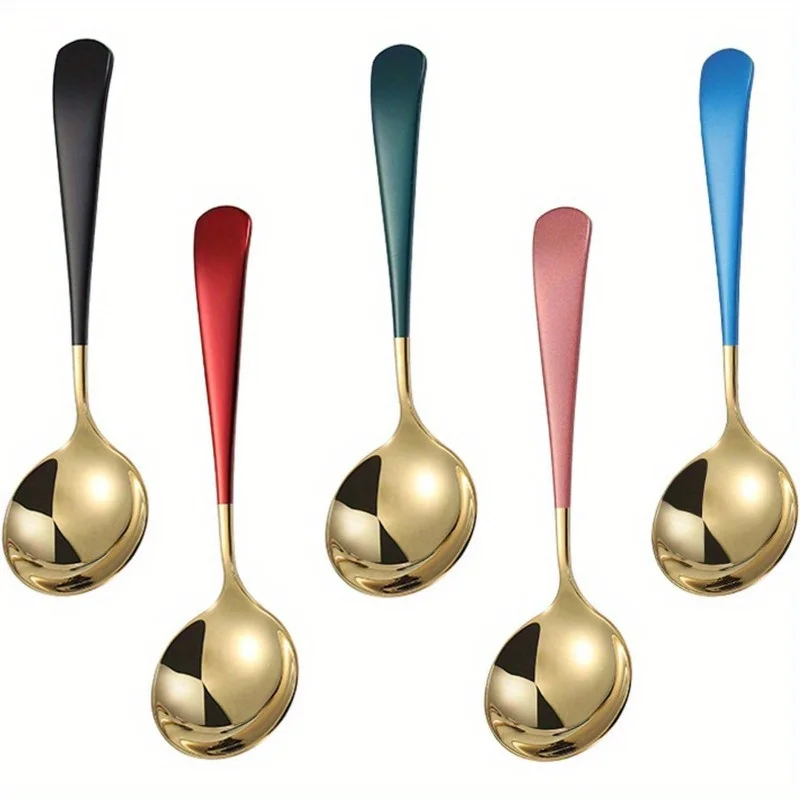 5pcs Stainless Steel Spoon Creative Korean Style Home Western Food Spoon, Modern Thick Handle, Dinner Metal Spoon