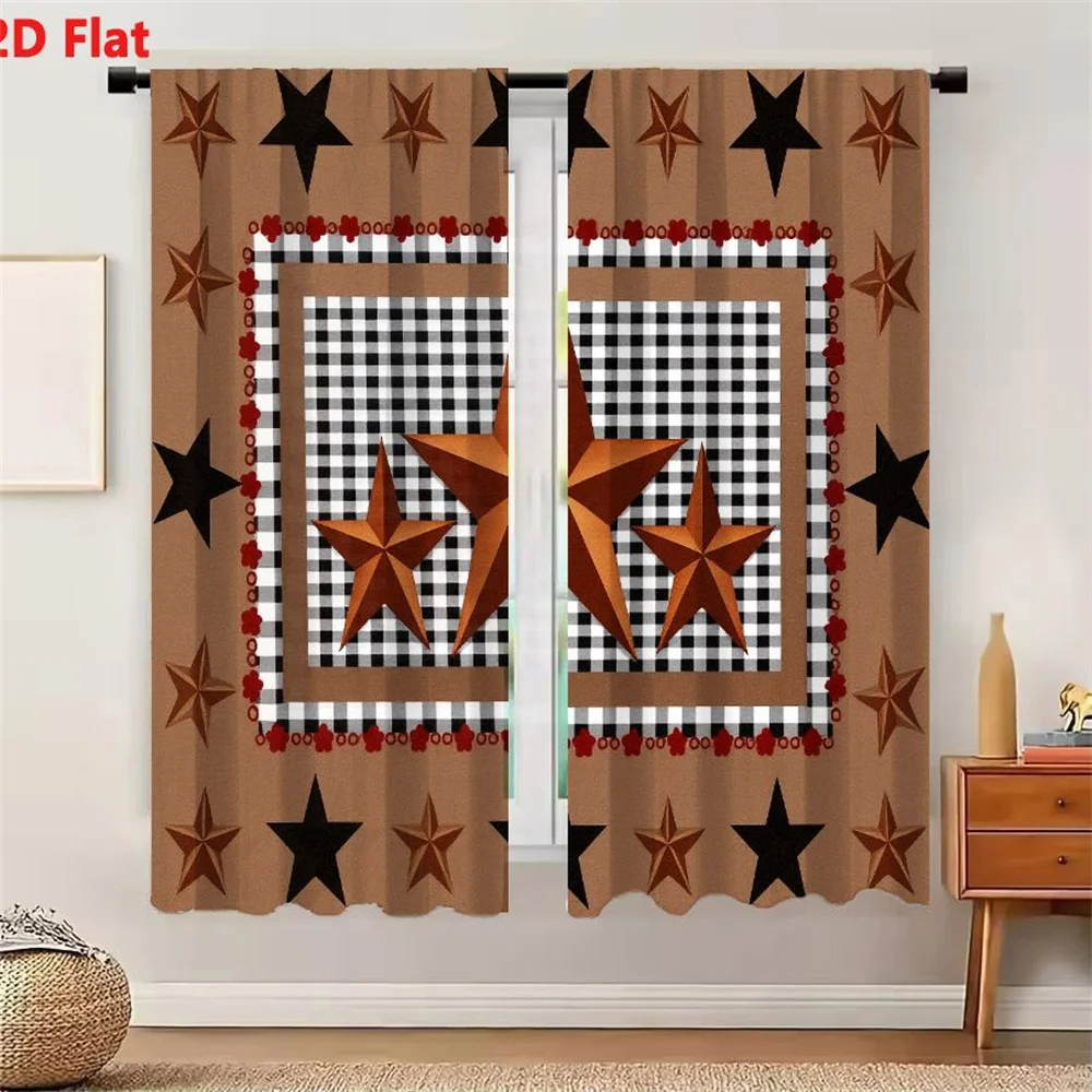 2Pcs Curtains 2D Flat Rustic Decorative Design Brown Background Black White Checkered Square Red Circular Pattern Central Brown