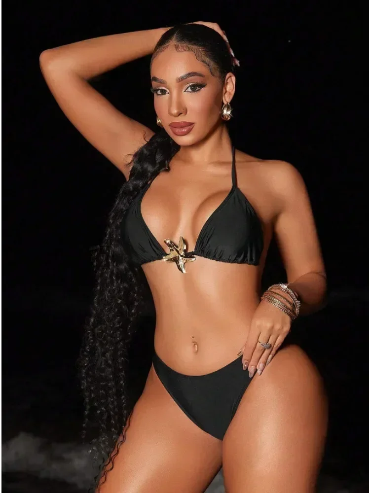2피스 수영복 여성용 솔리드 블랙 비키니 세트 불가사리 장식 섹시 트라이앵글 홀터 백리스 비치 수영복 2025 신상