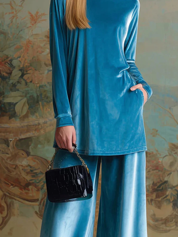 خريف جديد إمرأة الصلبة قطعتين مزاجه المخملية فضفاضة تخفيف وتتسابق أنيقة س الرقبة طويلة الأكمام البلوفرات وسراويل جيب مجموعات