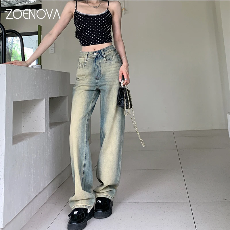 ZOENOVA-Jeans Solto de Cintura Alta Feminina, Denim Nostálgico Retrô Americano Versátil, Calça de Perna Larga, Casual Elegante, Nova, Verão