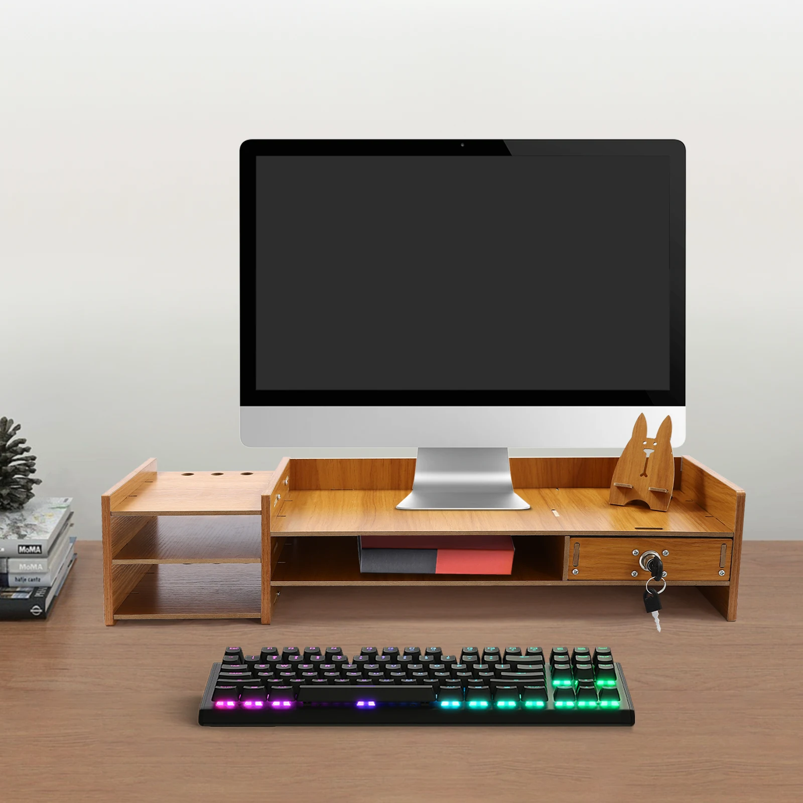 

Computer Monitor Stand, Computer Rack with Lockable Drawer & Phone Holder, Tabletop Organizer Monitor Stand for Study, Office