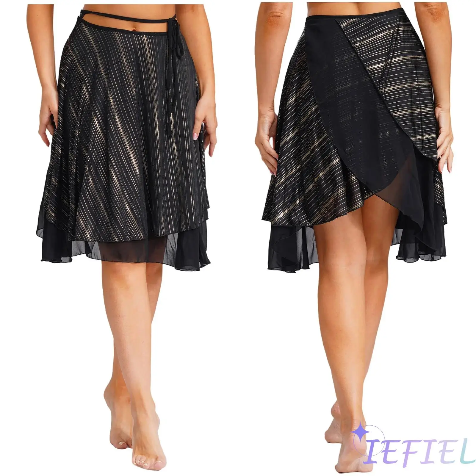 

Womens Chacha Latin Dance Skirt Hip Scarf Shiny Sequin 2-layer Mesh Tie-up Wrap Skirt for Ballet Jazz Samba Practice Performance
