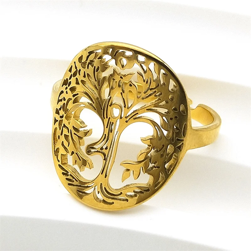 Yoga Healing Tree of Life Ring for Women Men Stainless Steel Gold Color Balance Spiritual Adjustable Rings Jewelry R59S02