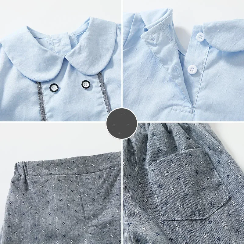 Summer Suit For Baby Boy Spanish Clothes Set Children Boutique Outfits Blue Cotton Shirts Grey Shorts Pant Kid Birthday Clothing