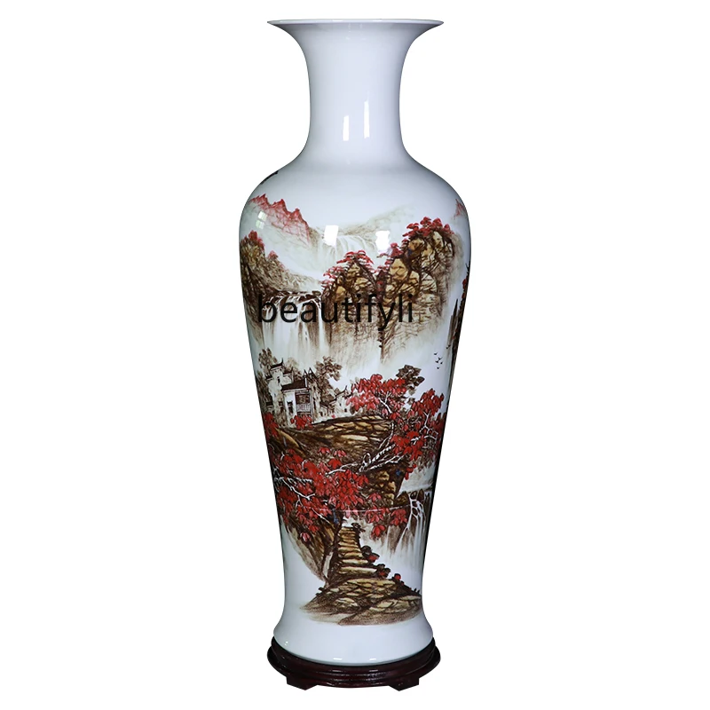 Jingdezhen Famous Teacher Hand-Painted Ceramic Floor Vase New Chinese Style Living Room TV Cabinet Flower Arrangement Decoration