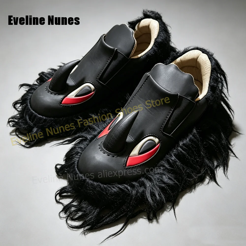 Horn Eye Decor Long Faux Fur Fashion Shoes Women Black Monster Slip On Pumps Street Style Casual Patchwork Mixed Color Shoe 2026