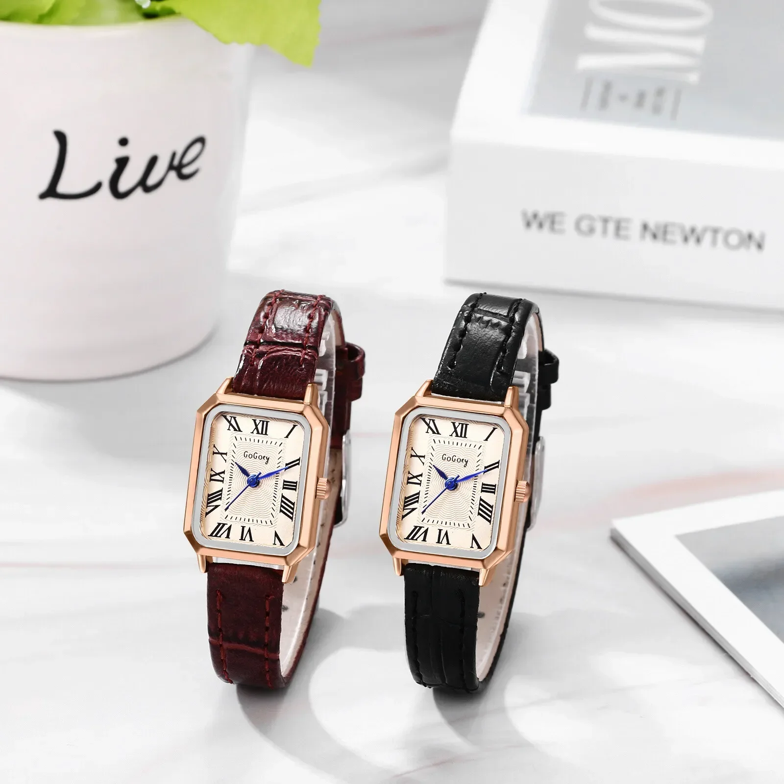 FLONGO Womens Retro Rectangle Watch Roman Numerals Slim Leather Band Quartz Analog Vintage Wristwatch Gift