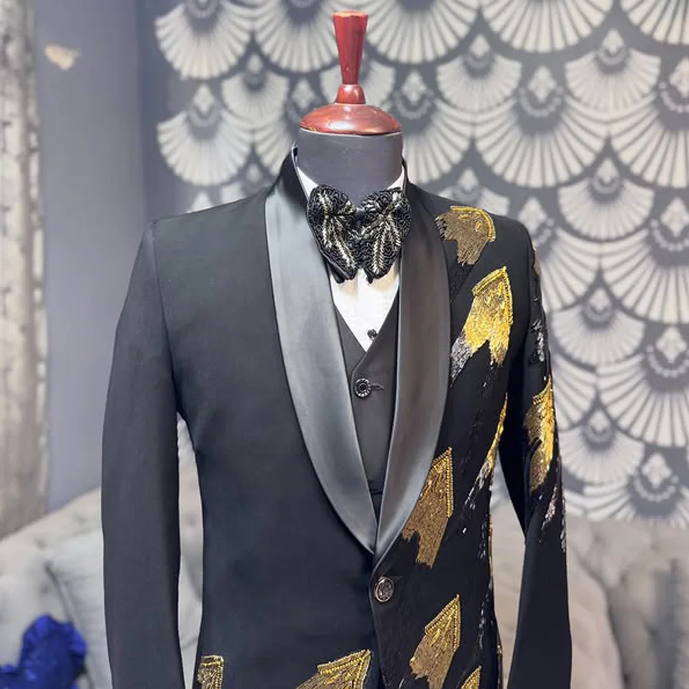Black Two Pieces Beads Men's Suit Party Customized Crystal One Button Celebrity Peak Lapel Groom Wear