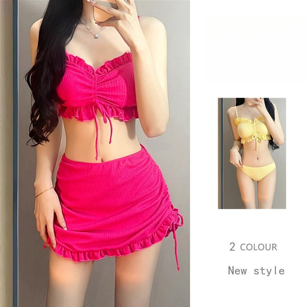 

Горячий новый купальник для женщин, свежий и без стали, сбор и похудение, сплошной цвет бикини, комплект из трех частей, купальник