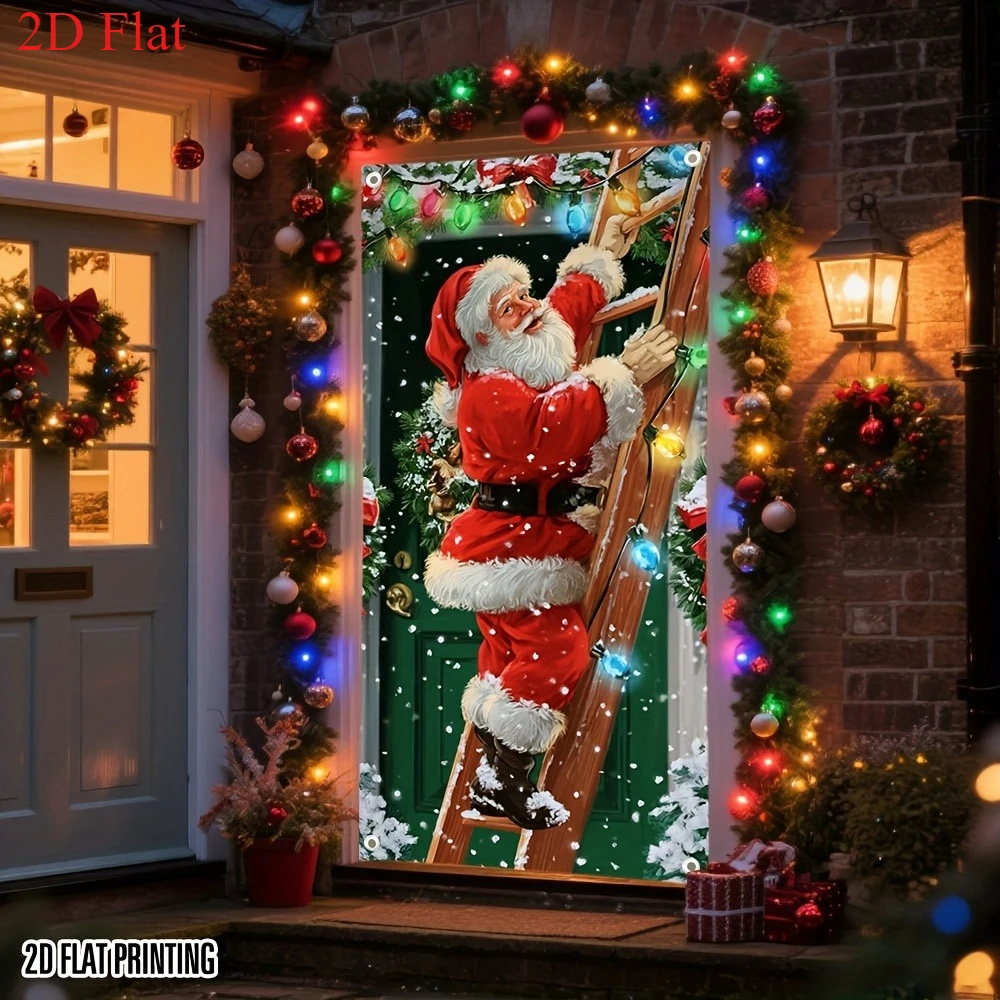 

2D плоский, 1 самосветящийся дверной баннер с лестницей Санта-Клауса и подсветкой - рождественское приветственное украшение