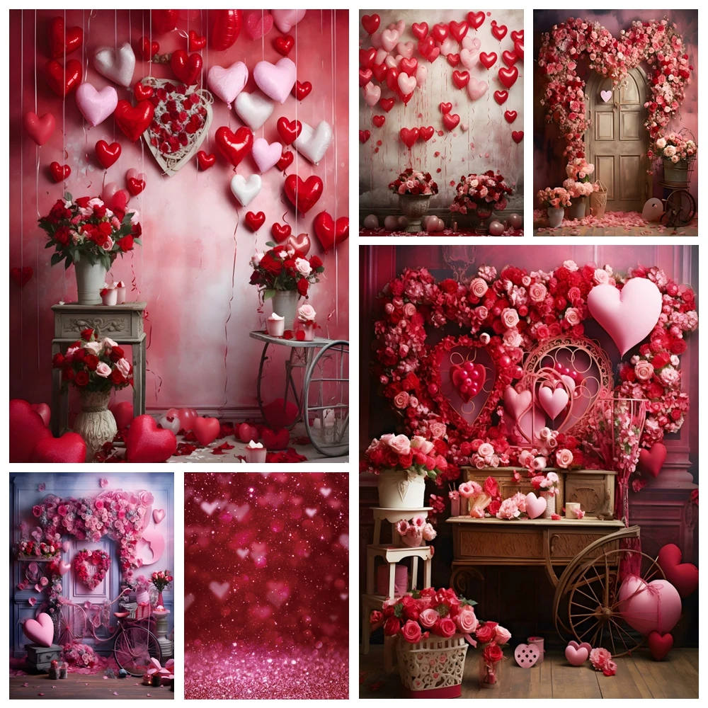 Valentine\'s Day Pink Rose Background For Photography Love Heart Flower Shower Girl Wedding Backdrop Decoration Prop Photo Studio