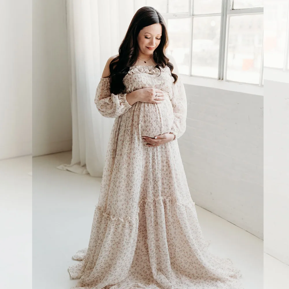 Elegant  Floral Chiffon Maternity Dress One Shoulder Long Sleeved Two-Piece Pregnant Women Dress Photography Dress For Women