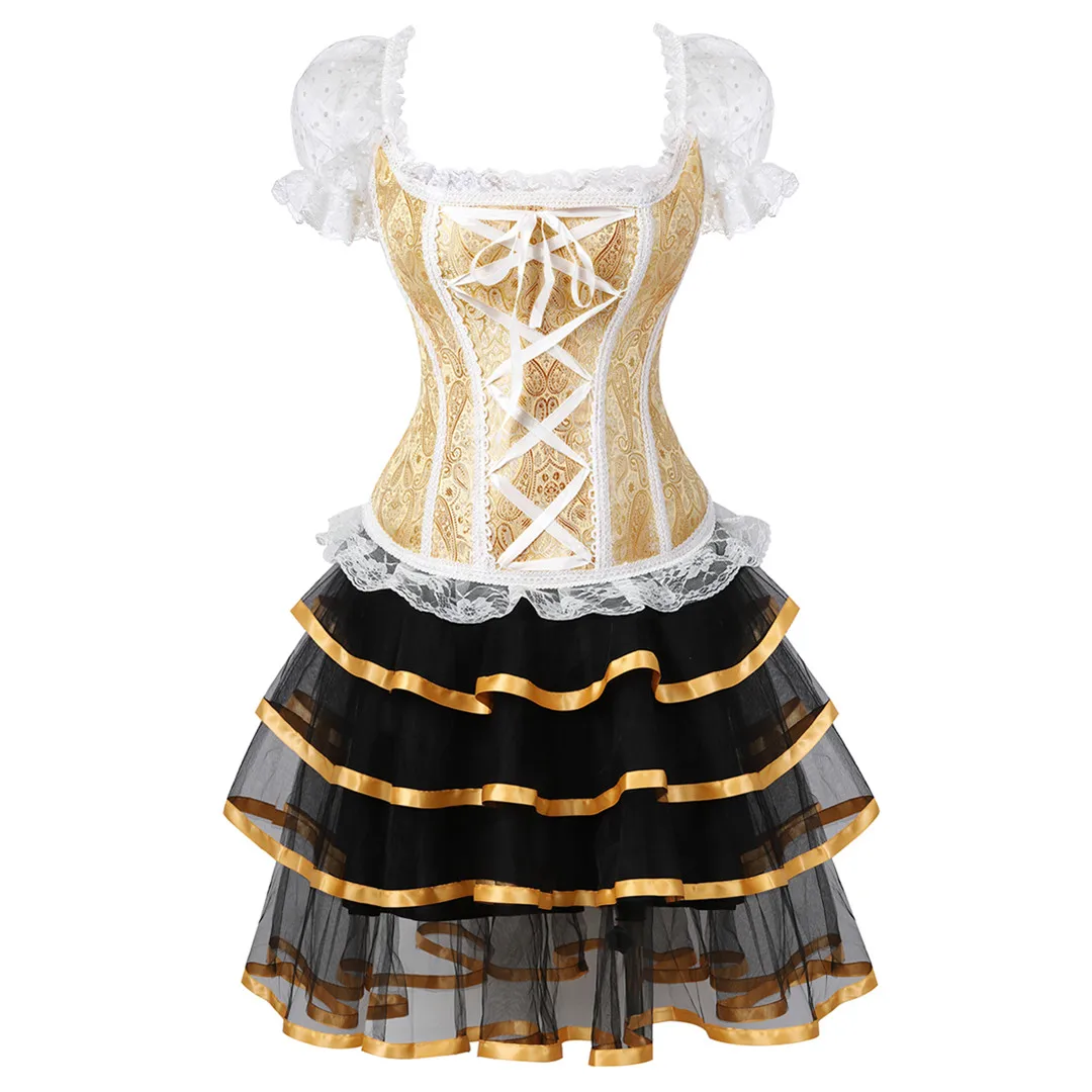 

Women Sexy Lolita Corset Dress Vintage Lace Sleeves Corset Buistier Lingerie Top With Mini Tutu Skirt Set Girl's Lovely Costume