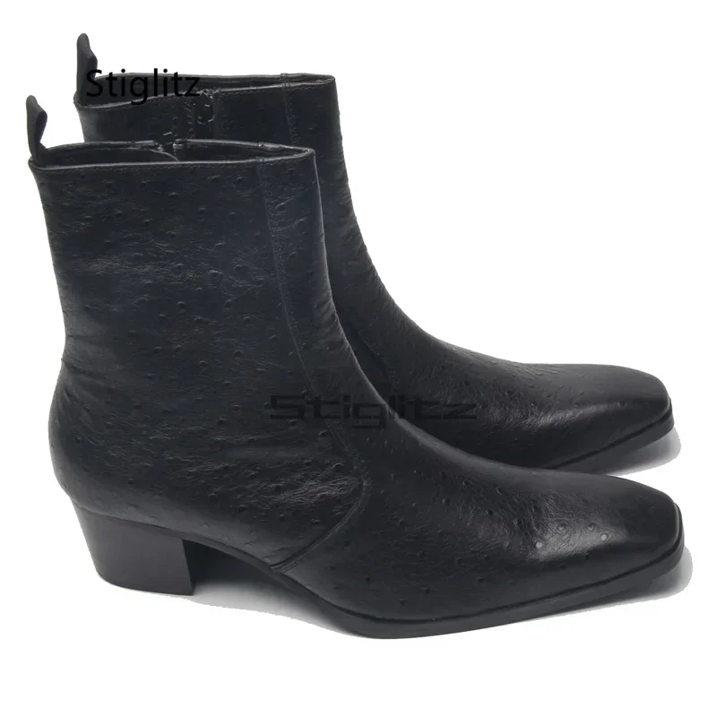 Small Square Toe Chelsea Men's Boots Catwalk High Heeled Ankle Boots British Genuine Leather Business Dress Boots Winter Shoes