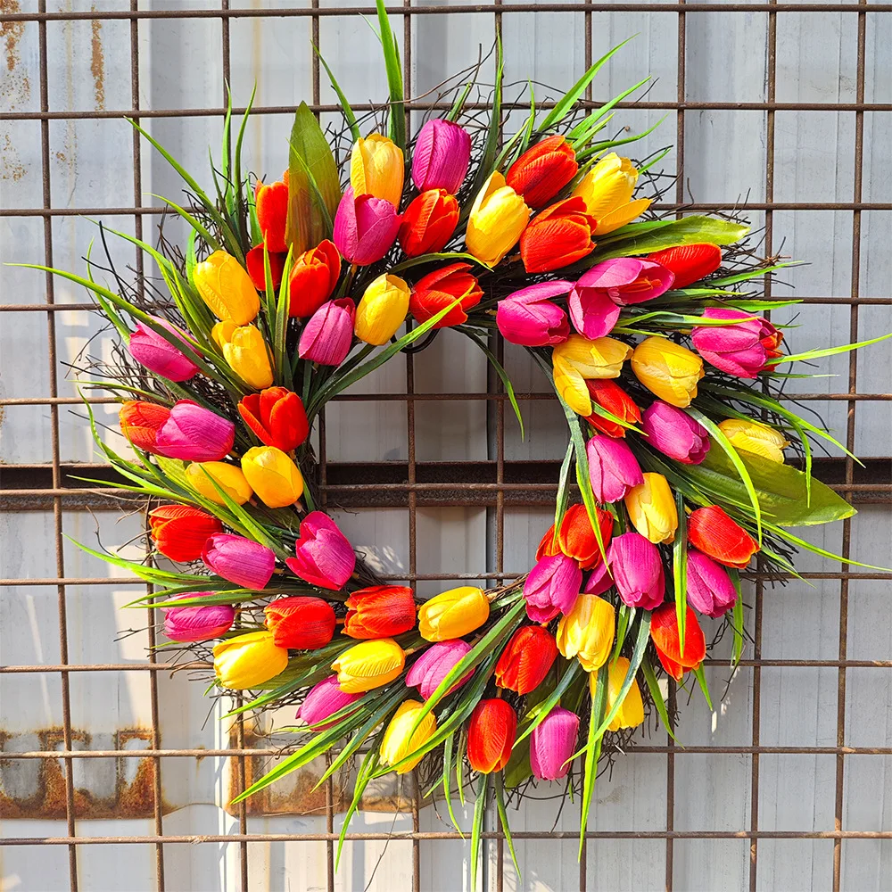 

35/40CM Artificitial Tulip Wreath for Front Door Hanging Decoration Wedding Decoration Round Rattan Wreath Decor For Door Garden