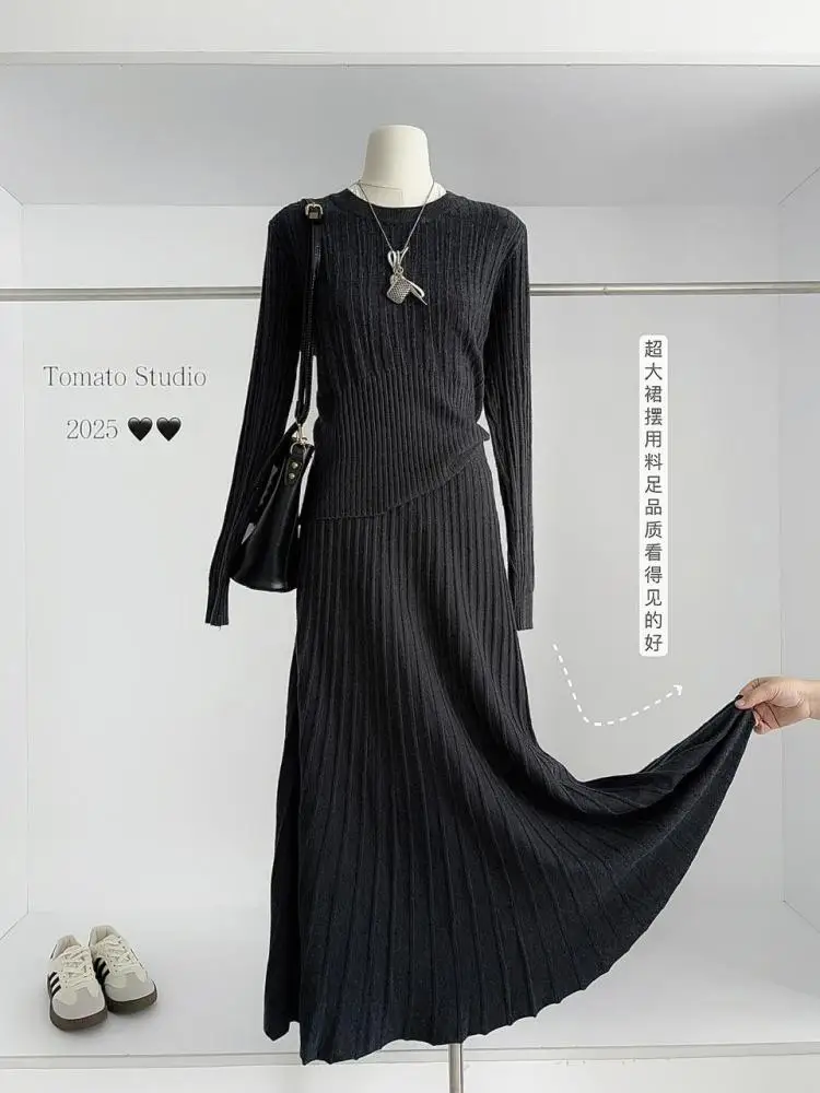 

Осень-зима, женский серый круглый вырез, элегантный пуловер с длинными рукавами, вязаные топы и юбка с высокой талией, офисные женские комплекты из двух предметов