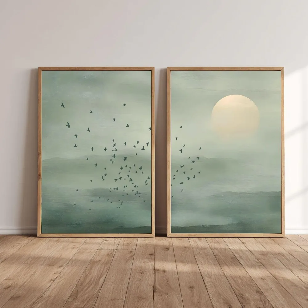 Japandi Wall Art Set of 2 Sage Green Landscape Poster Minimal Zen Sunset Print Scandinavian Wabi Sabi Neutral Nature Decor Gift