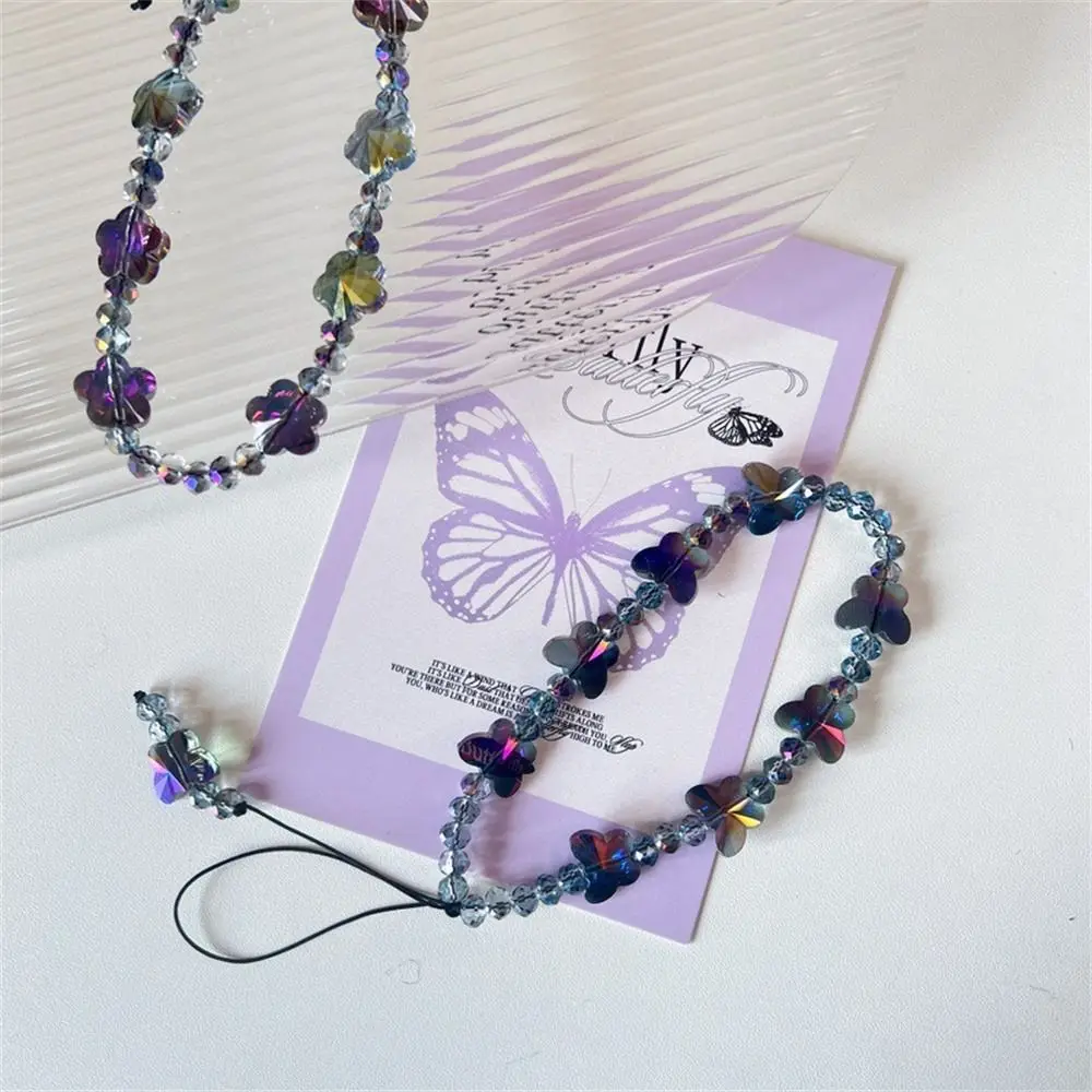 Fashion Colorful Crystal Butterfly Flower Cellphone Lanyard Anti-Lost Telephone Jewelry Chain Hanging Rope Girls Gifts