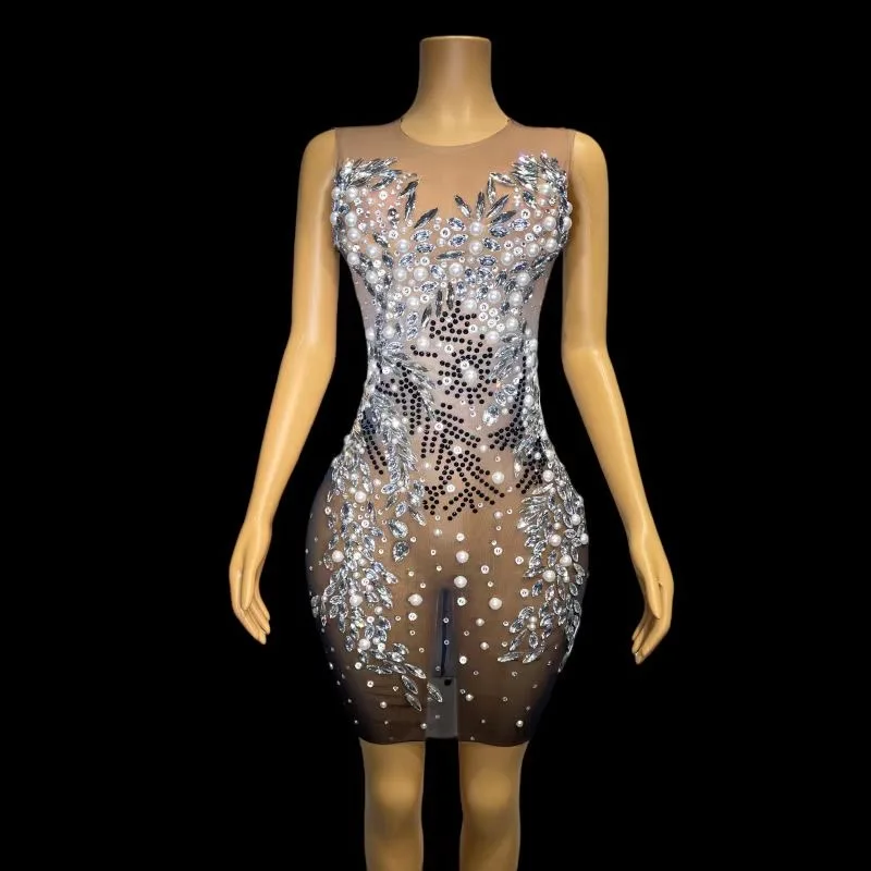 Glitzernde silberne Kristalle, Fingern, transparentes Kleid, Strass-Ketten, Outfit, Kostüm, Geburtstag, Feiern, sexy Bühne, C066