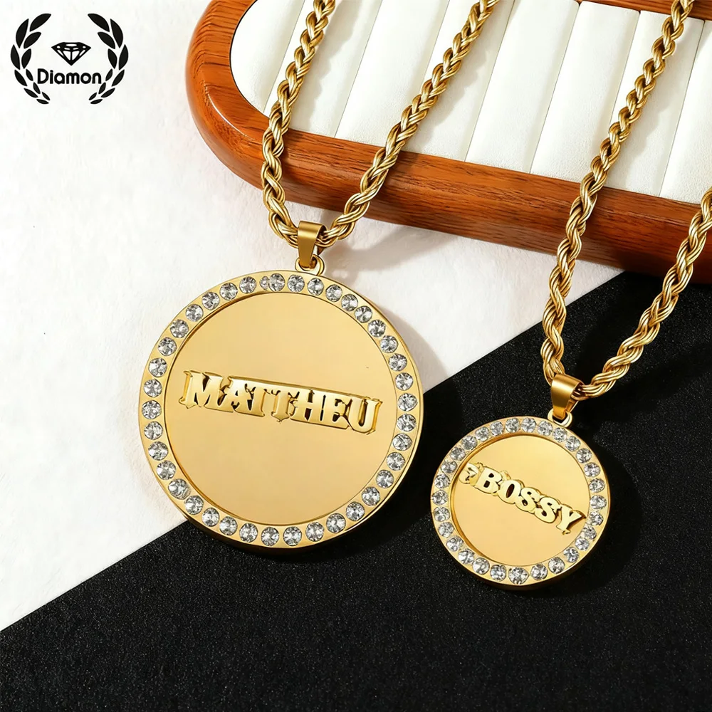 

Diamon Custom Name Double Sides Pendant Zircon Stainless Steel Necklace with Zirconia Personalized Jewelry Gift for Women Men