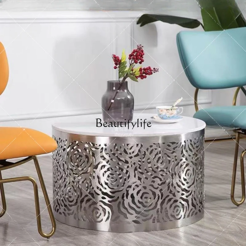 American Light Luxury round Marble Tea Table Metal Stainless Steel Hollow Carved Corner Table