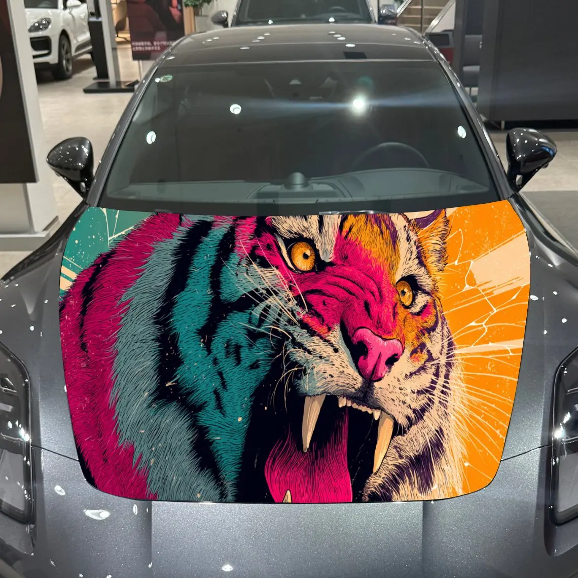 Pop Art Tiger Bold Color Adventure PVC Car Hood Wraps, Self-Adhesive Waterproof Car Bonnet Decal Sticker, Car Decoration Protect