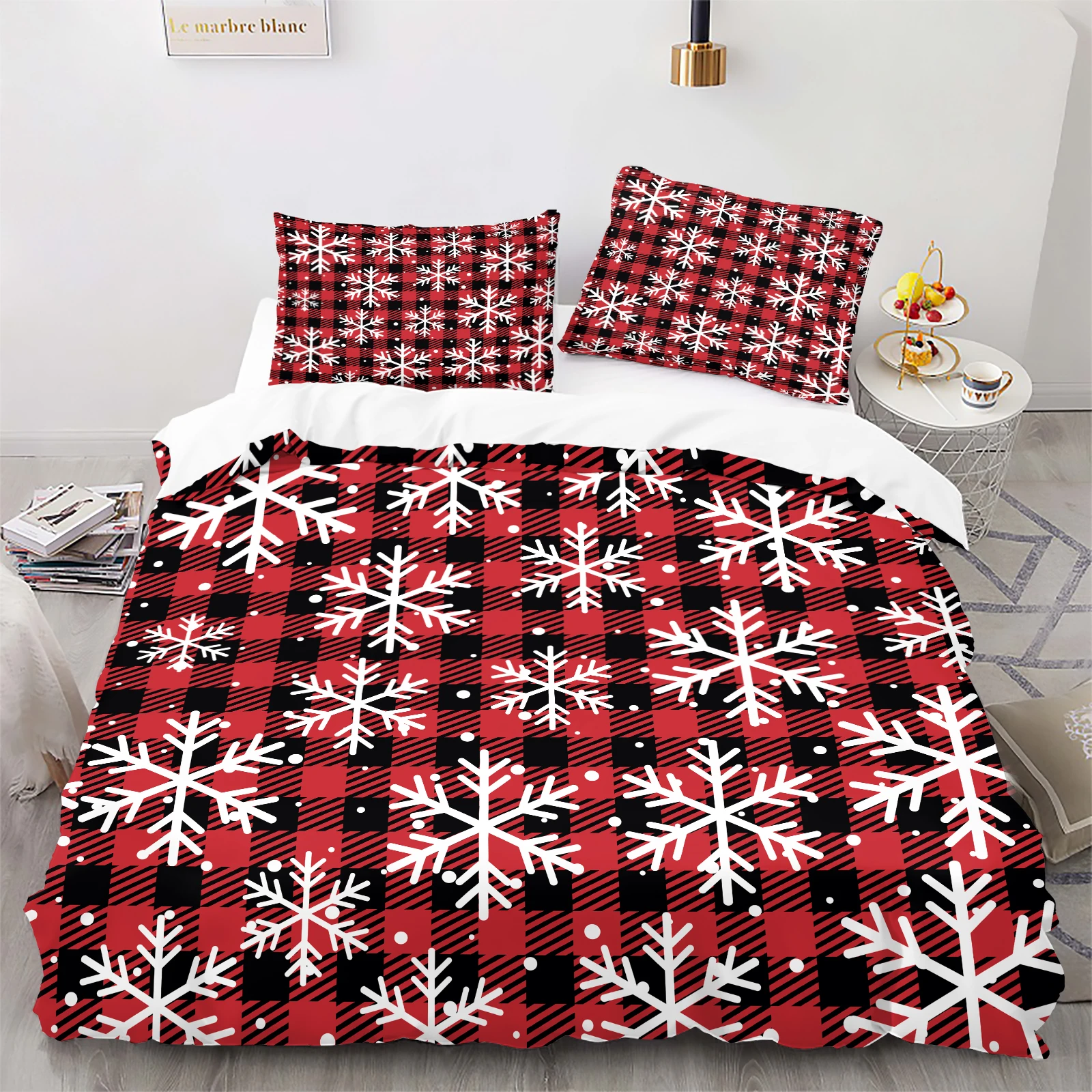 2/3Pcs Red Black Plaid Snowflake Duvet Cover Set, Winter Holiday Pattern, Cozy Rustic Bedding, No Duvet Insert