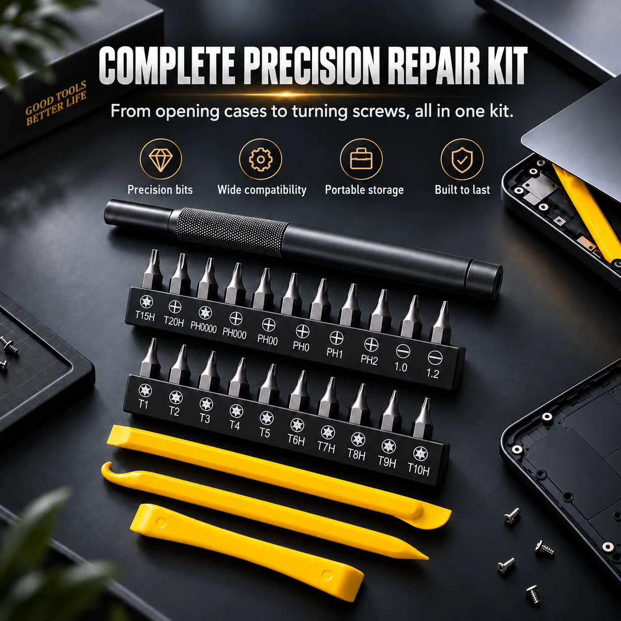 23Pcs Precision Screwdriver Repair Kit S2 Steel Magnetic Screwdriver Bits & Opening Pry Tools for Cell Phone PC Eyeglasses