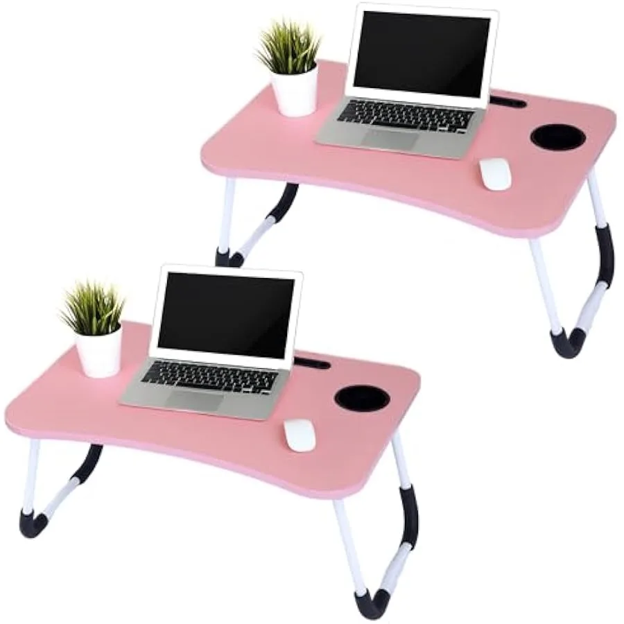 2-pack roze bedlaptoptafel met bekerhouder en opvouwbare poten voor bank Opvouwbare laptoptafel Ontbijtserveerbed Lade Lap D
