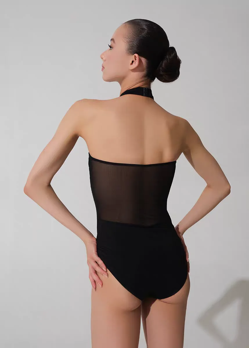 Temperamentvoller Ballett-Tanz-Bodysuit für Mädchen, einteiliger Übungsanzug mit Netzspleiß am Hals, Yoga-Anzug.