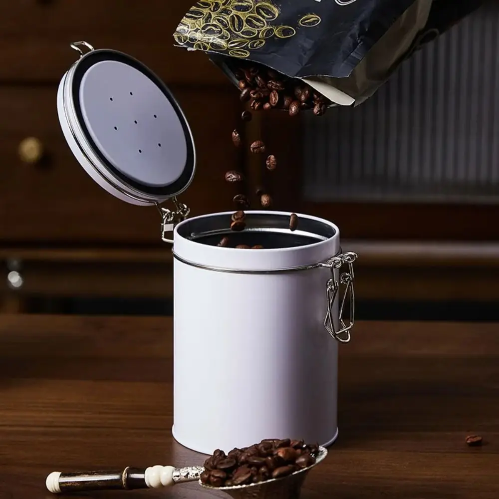 Tinplate Airtight Coffee Canister with Check Valve Large Capacity Coffee Storage Jar Multifunction Clamp Lid