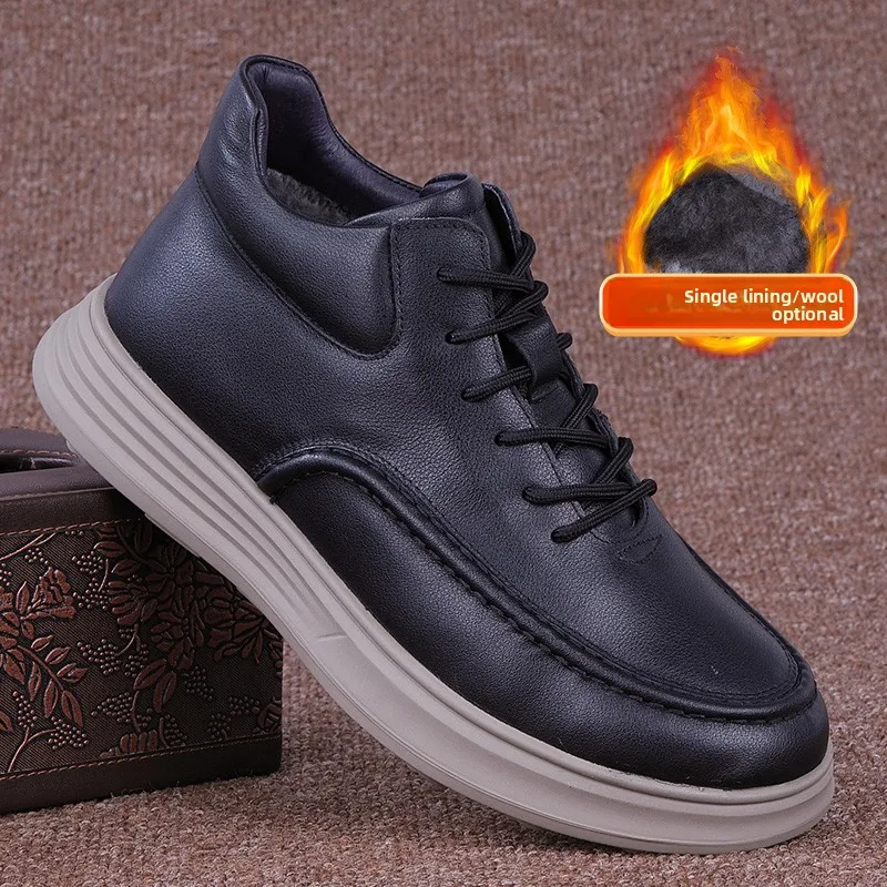 

Men's Wool Fce Lined Cotton Leather Snow Boots Top Layer Cowhide Wool Inteated High Help Boots Casual Low Heel