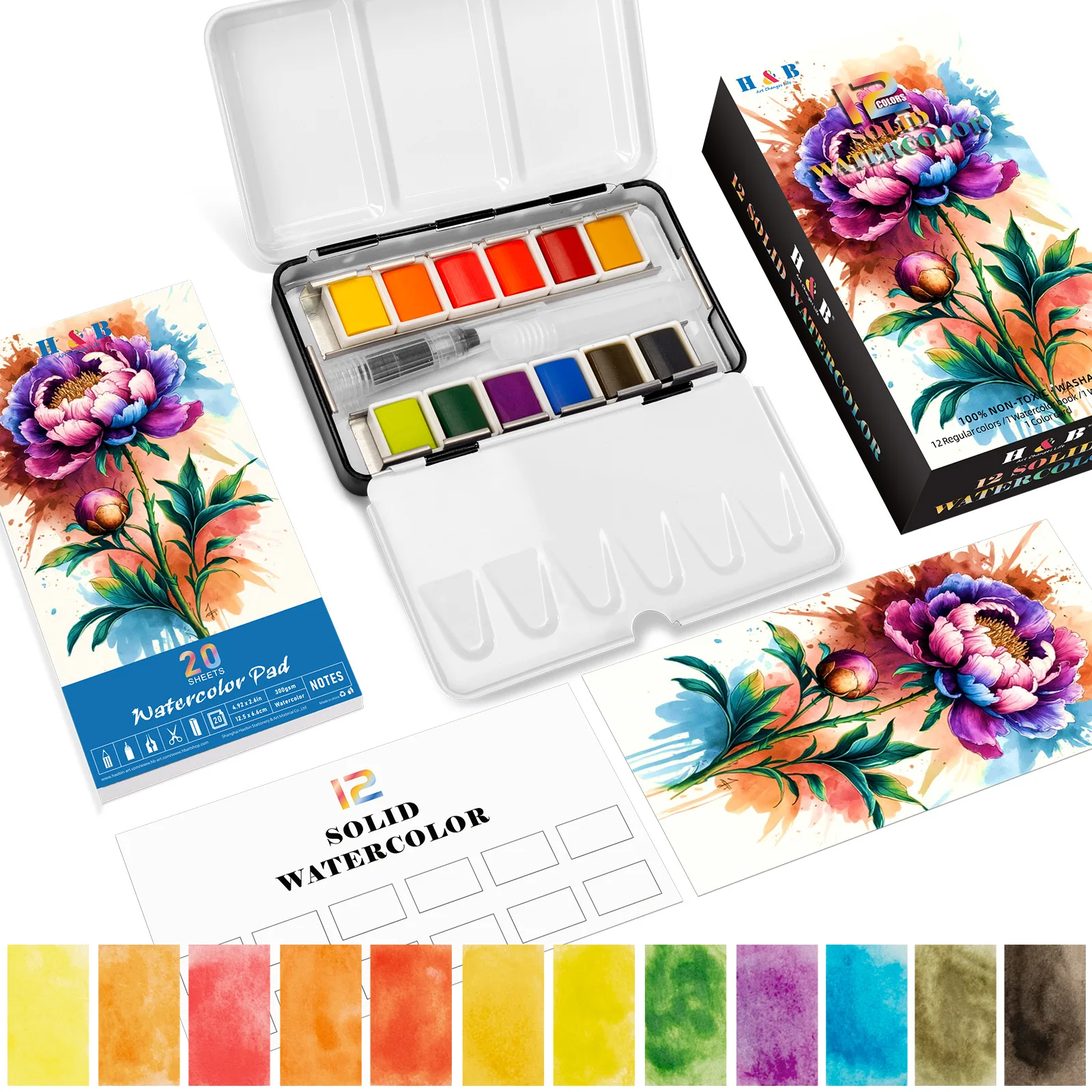 12-Color Solid Watercolor Set Mini Travel Palette for Beginners Sketching Art Journaling