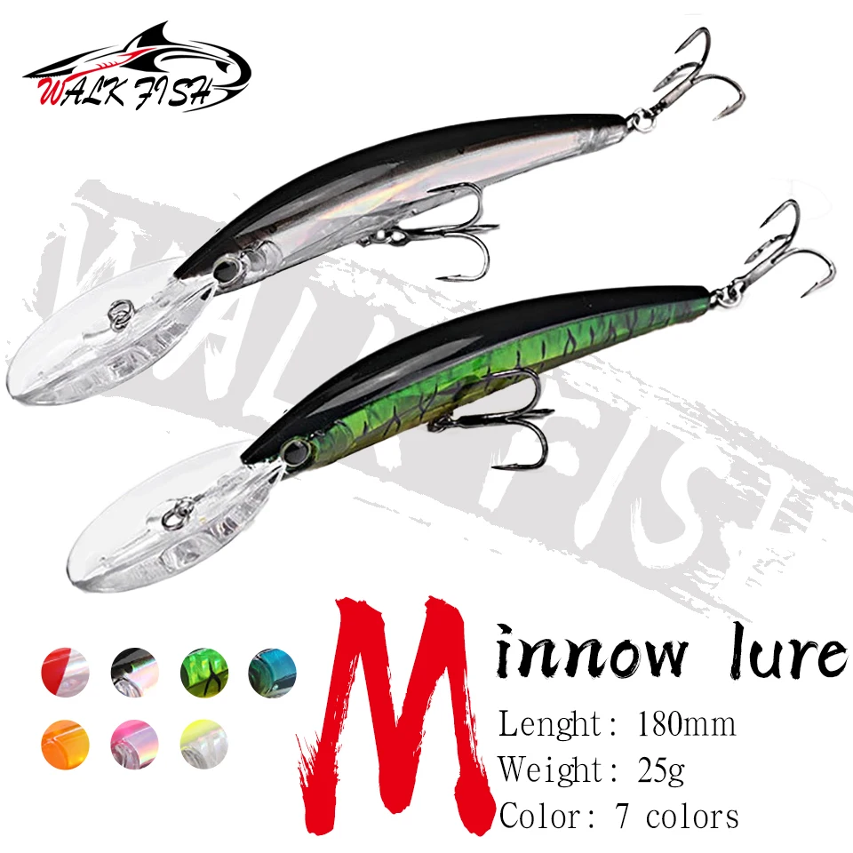 WALK FISH Deep Diver Minnow 180mm 25g Sinking Fishing Lure Wobblers Crystal 3D Hard Bait Megabass Cranbait Japanese Wobblers