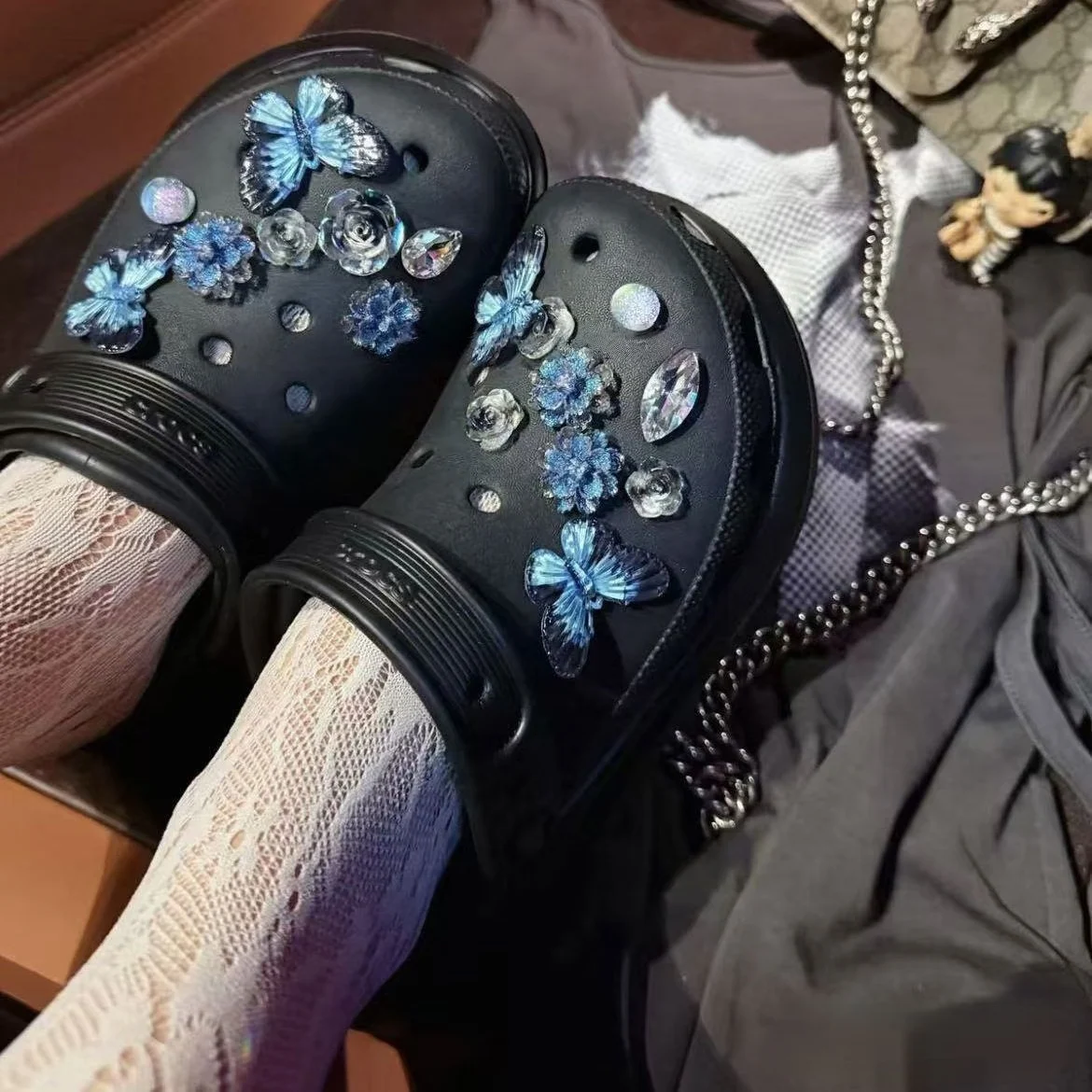 Fashion Shoe Accessories Korean Style New Models Suitable for Clogs, Starry Sky Blue Butterfly Set, Mary Jane Shoes, Ballet Clog Accessories